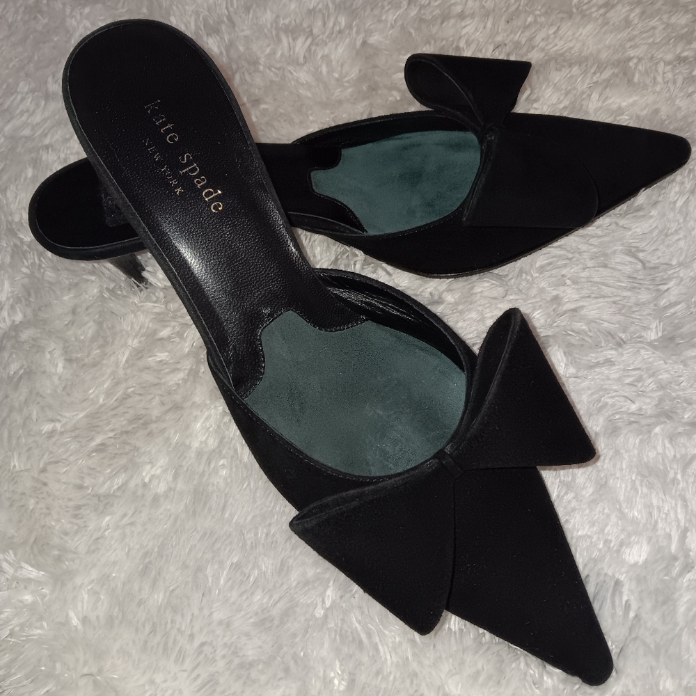 Kate Spade Naomi Black Suede Bow  Pointed Kitten Heels Mules *Made in Italy*